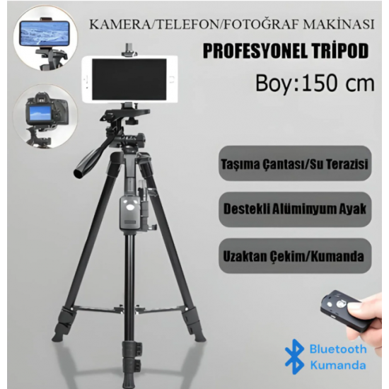 Profesyonel Kamera 150 Cm Çantalı Tripot Telefon Tutucu Bluetooth Kumandalı Vlog Video Çekim Tripodu